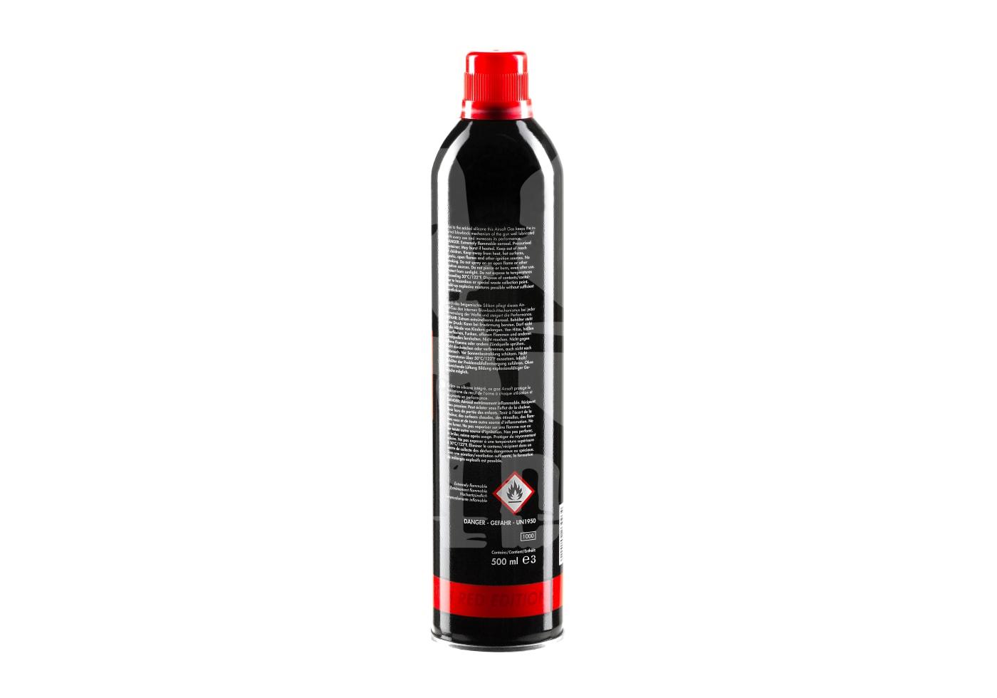 Schwarze Gaskartusche für Airsoft mit rotem Deckel, 500 ml, Text und Warnsymbol auf der Rückseite.