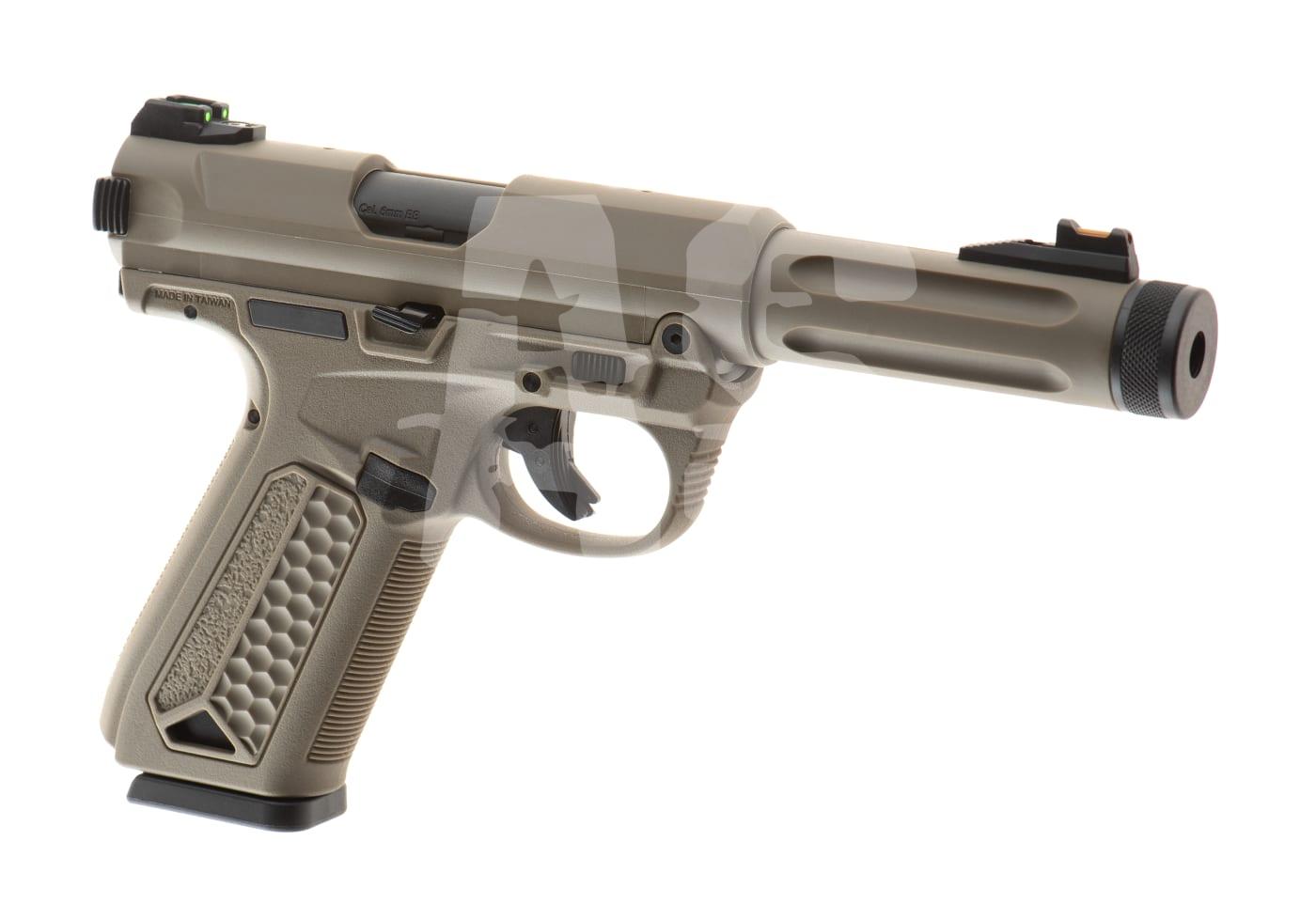 Action Army AAP01 GBB Semi Auto - ab 18 Jahren Airsoft-Pistole, tan, mit strukturiertem Griff und Langlauf. Ideal für Präzisionsschüsse im Airsoft-Spiel.