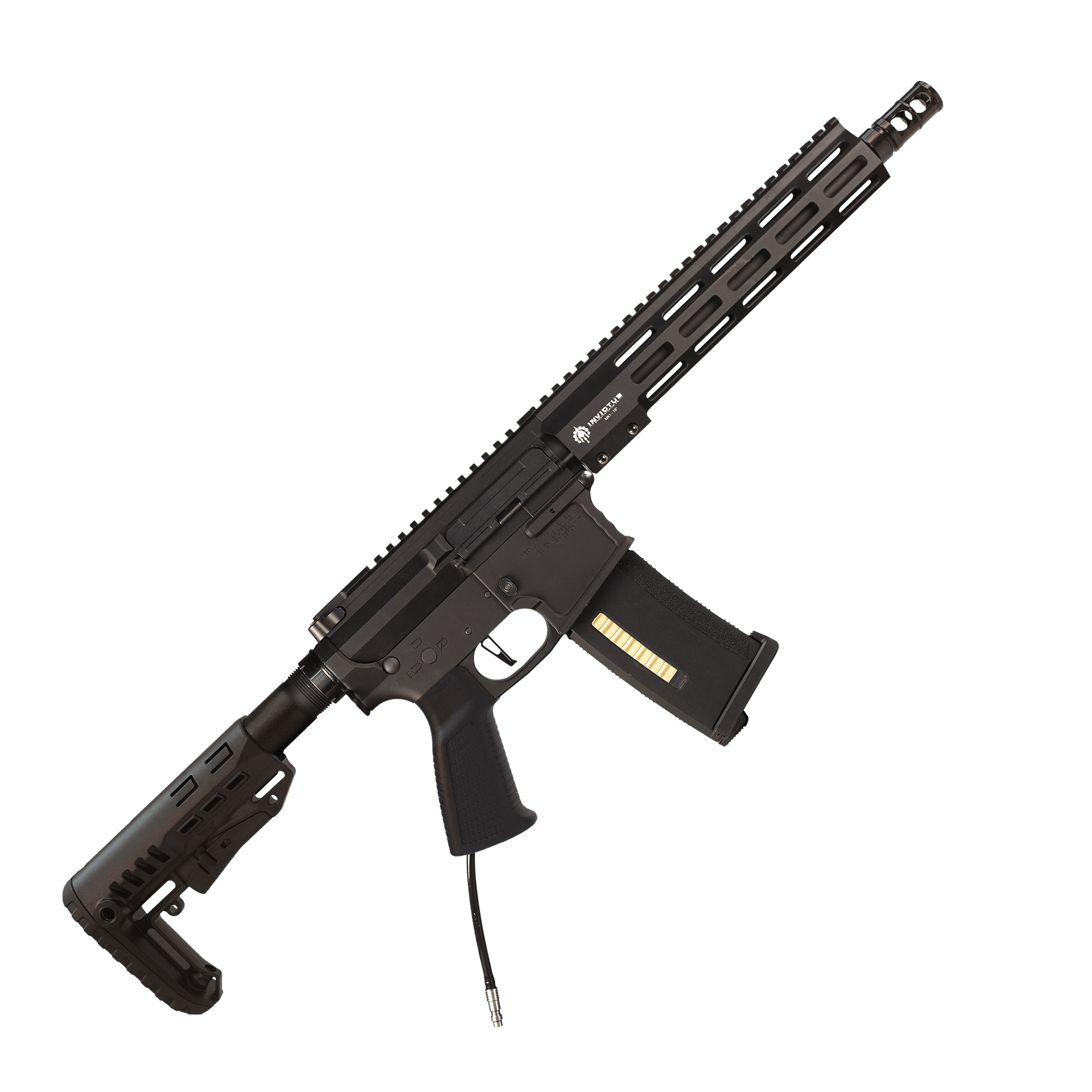 Schwarzes Airsoft-Gewehr mit taktischer Schiene, Magazin und verstellbarem Schaft.