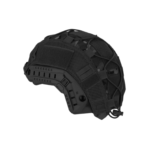 Schwarzer Airsoft-Helm mit Netzüberzug und Befestigungsschienen.