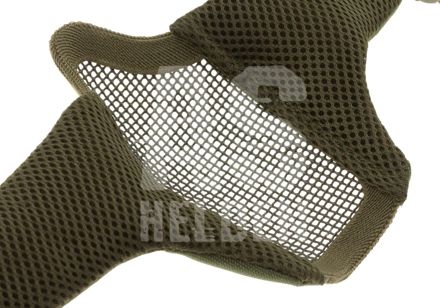 Olivegrüner Mesh-Gesichtsschutz für Airsoft mit feinem Gittergewebe.