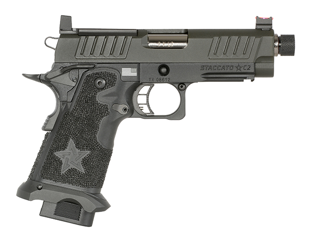Airsoft-Pistole in Schwarz, mit strukturiertem Griff und taktischen Merkmalen, seitliche Ansicht.