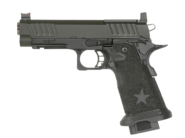 Airsoft-Pistole, schwarz, mit strukturiertem Griff und Sternmotiv auf dem Griff.
