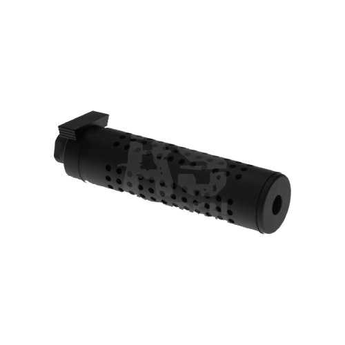 Schwarzer Airsoft-Tracer mit perforiertem Gehäuse, zylindrische Form.