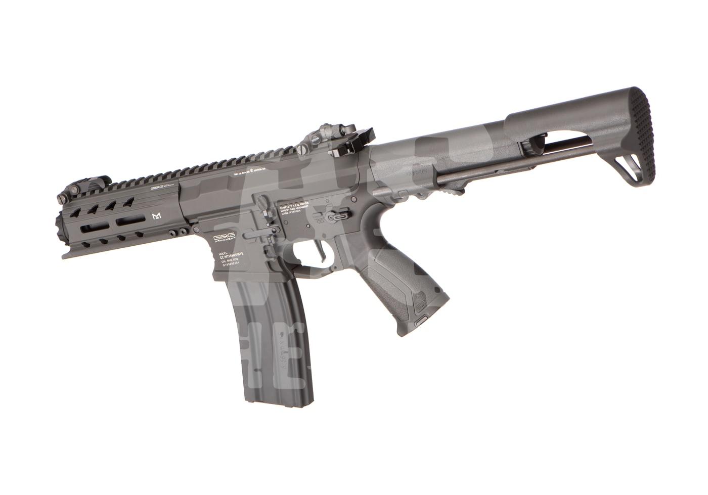 Grau getarnte Airsoft-Gewehrreplik mit taktischem Design und verstellbarem Schaft.