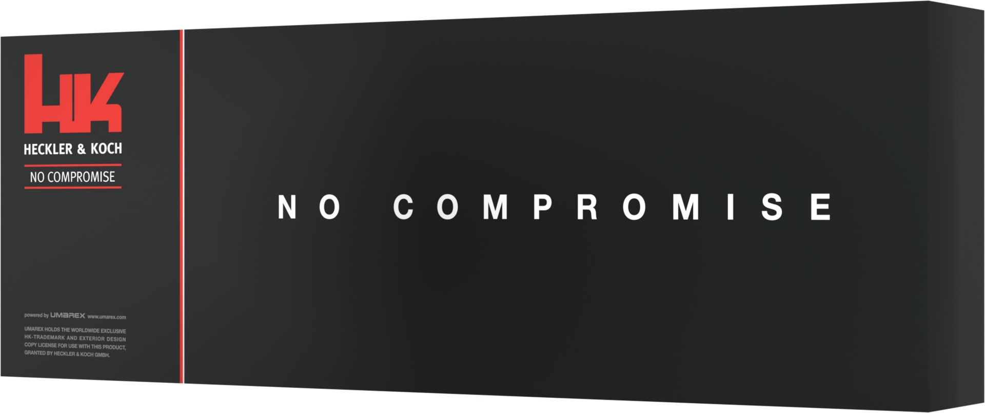 Schwarze Verpackung mit Heckler & Koch Logo und Slogan "No Compromise".