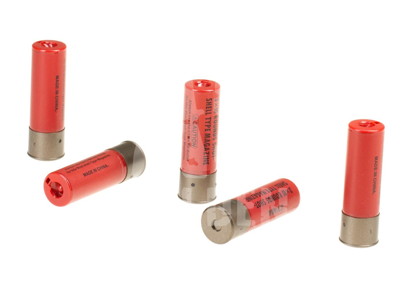 Rote Airsoft-Shells, stehend und liegend auf weißem Hintergrund.