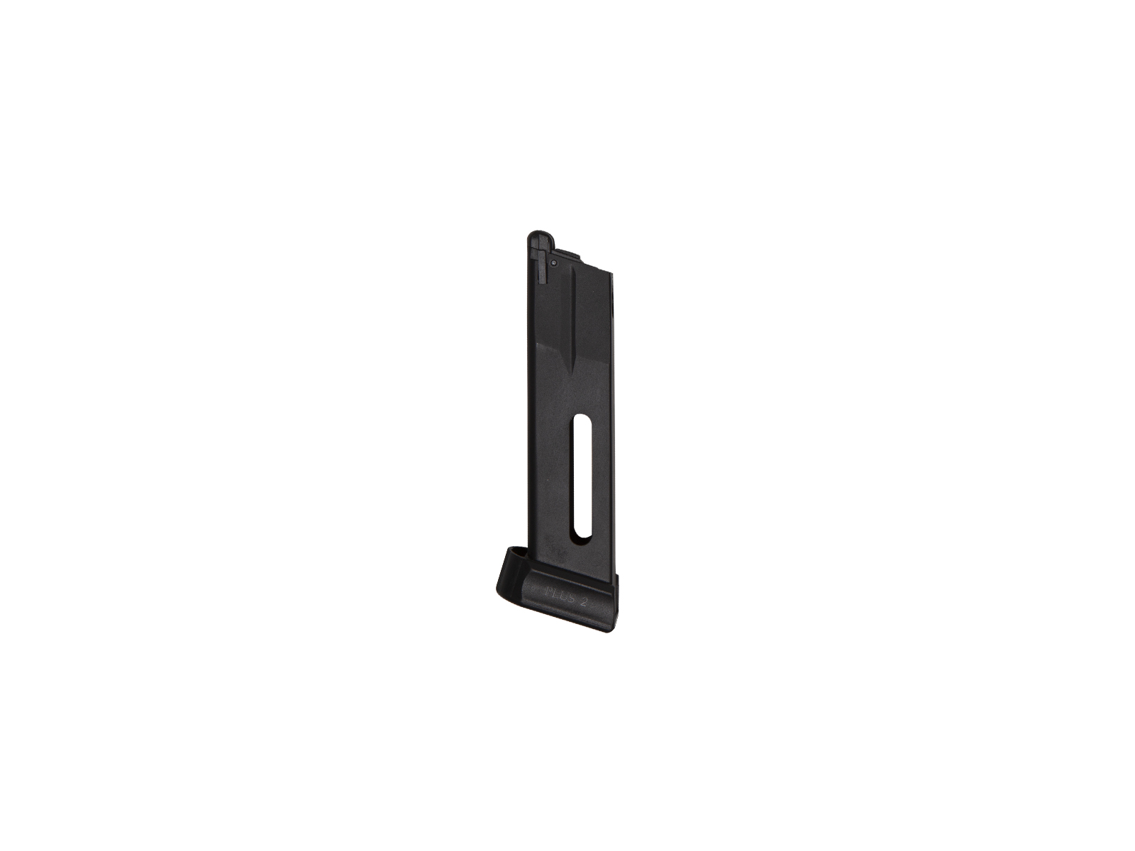 Schwarzes Airsoft-Ersatzmagazin für Pistole, vertikal stehend.