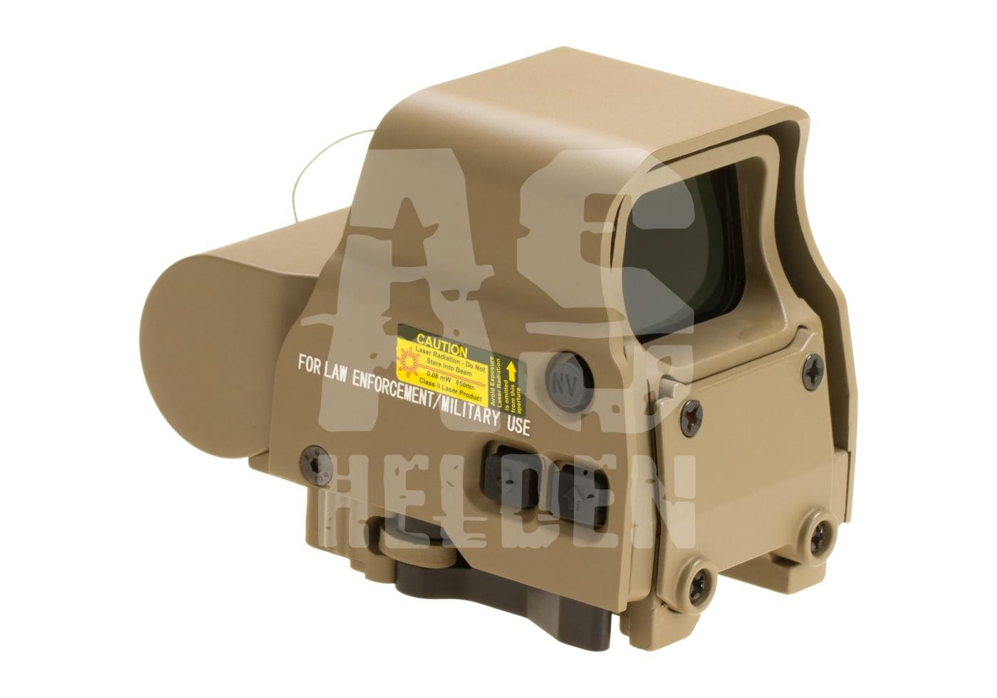 Taktisches holografisches Visier in Tan, geeignet für Airsoft-Einsätze. Ideal für präzise Zielerfassung.