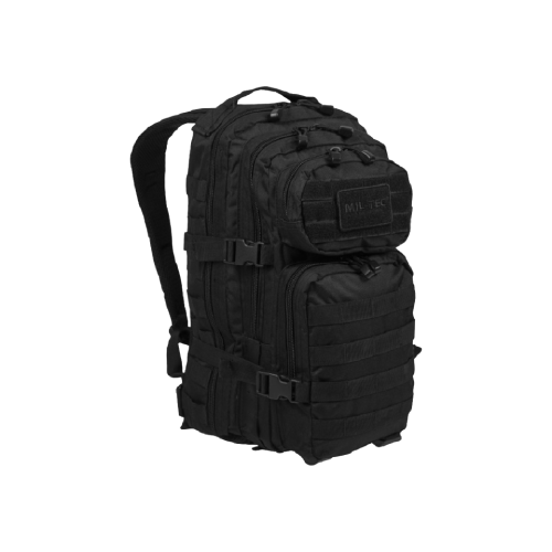 Schwarzer taktischer Rucksack mit MOLLE-System und mehreren Fächern für Airsoft-Ausrüstung.