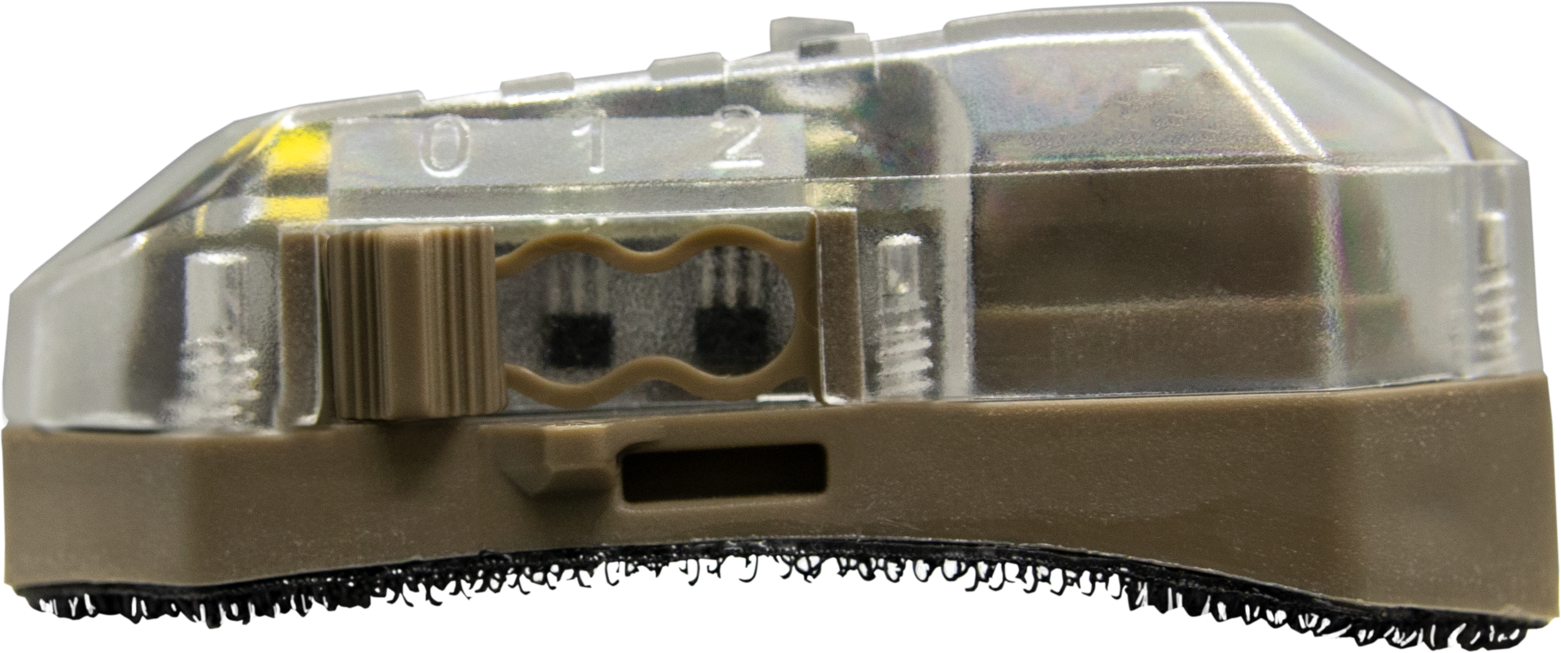 Klettbare taktische Kopf-Lampe mit drei Positionen und transparentem Gehäuse, ideal für Airsoft.