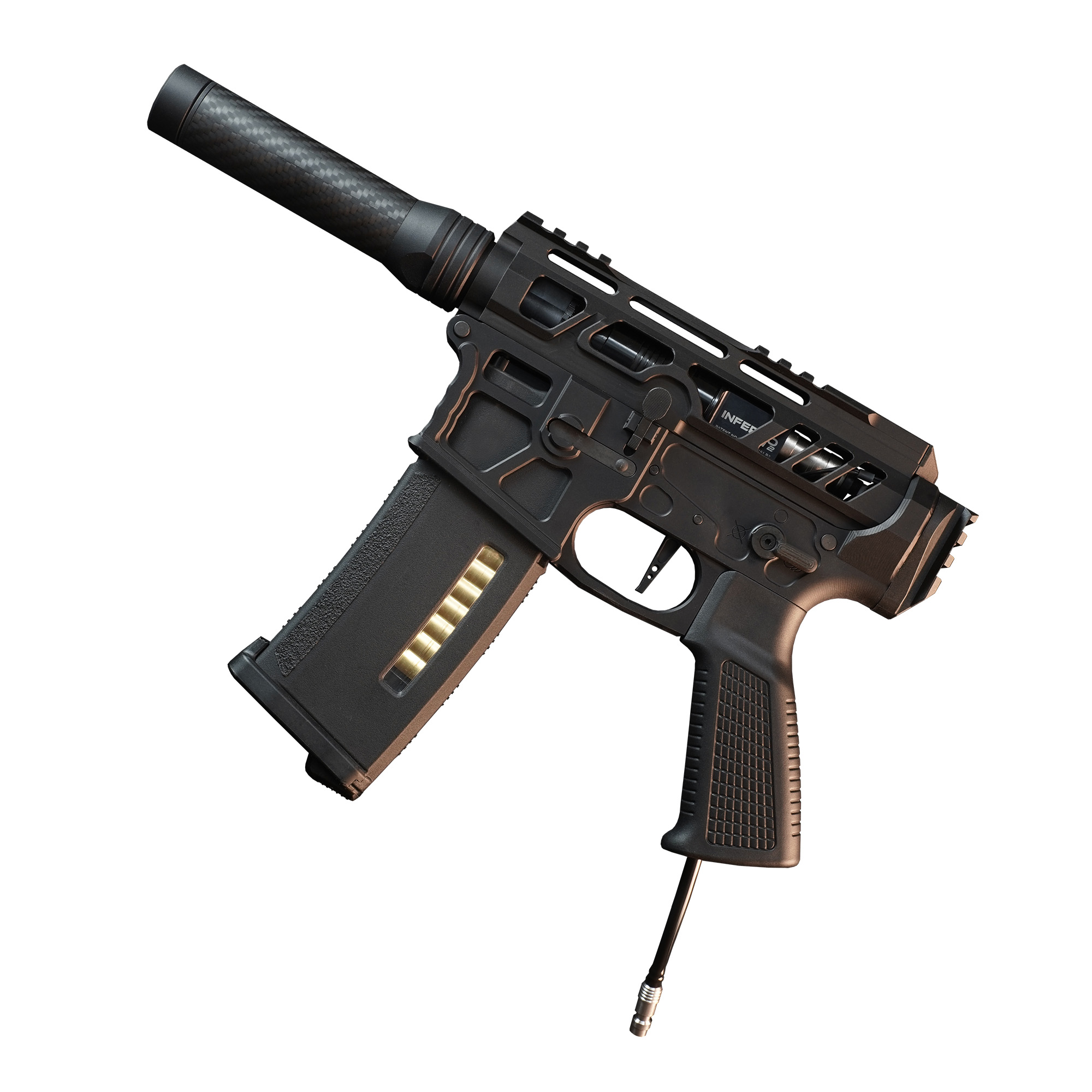 Schwarze Airsoft-Waffe mit Magazin und Schalldämpfer, Kabel unten sichtbar.