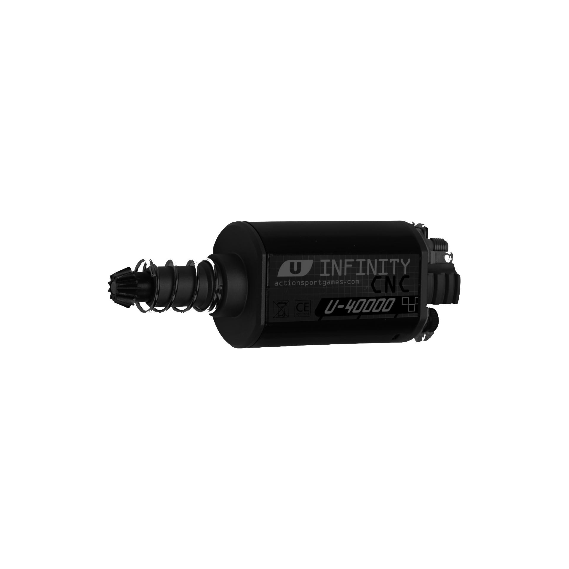 Airsoft-Motor Infinity CNC U-40000, schwarz, mit gewelltem Antriebskopf und Beschriftung auf Gehäuse.