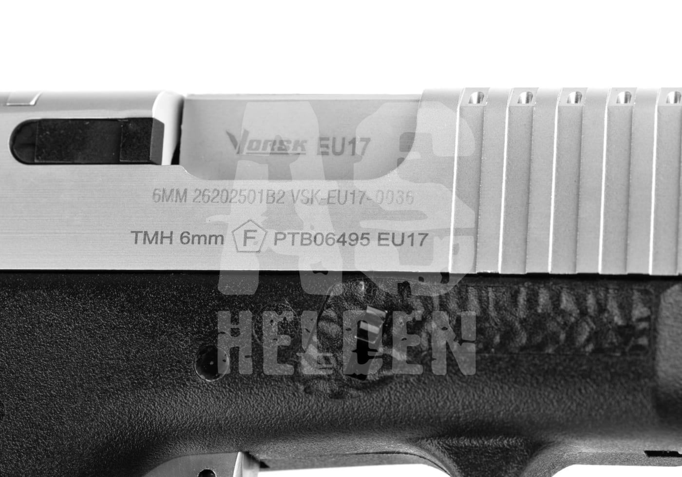 Vorsk EU17 GBB - ab 18 Jahren Detail einer Airsoft-Pistole mit Gravuren auf dem Verschluss.
