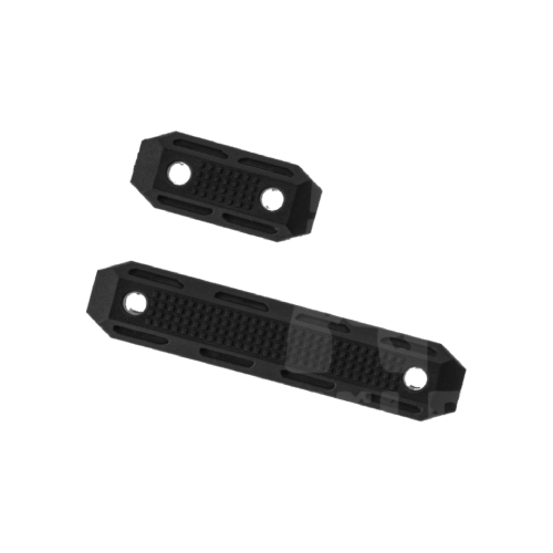 Zwei schwarze M-LOK-Griffplatten für Airsoft-Waffen, unterschiedlich lang, mit strukturiertem Design.