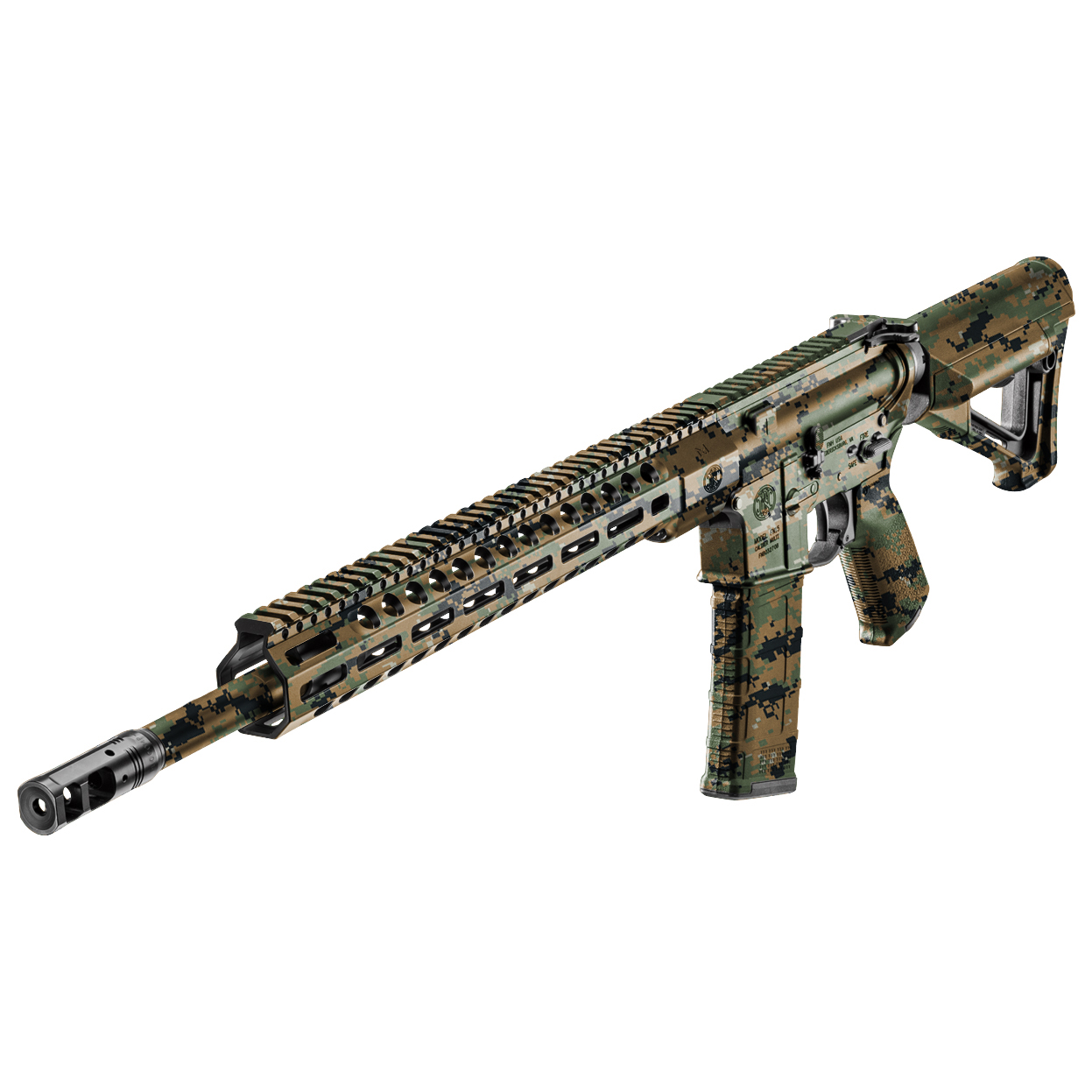 Airsoft-Gewehr in digitalem Tarnmuster, mit langem Lauf und taktischer Schiene.