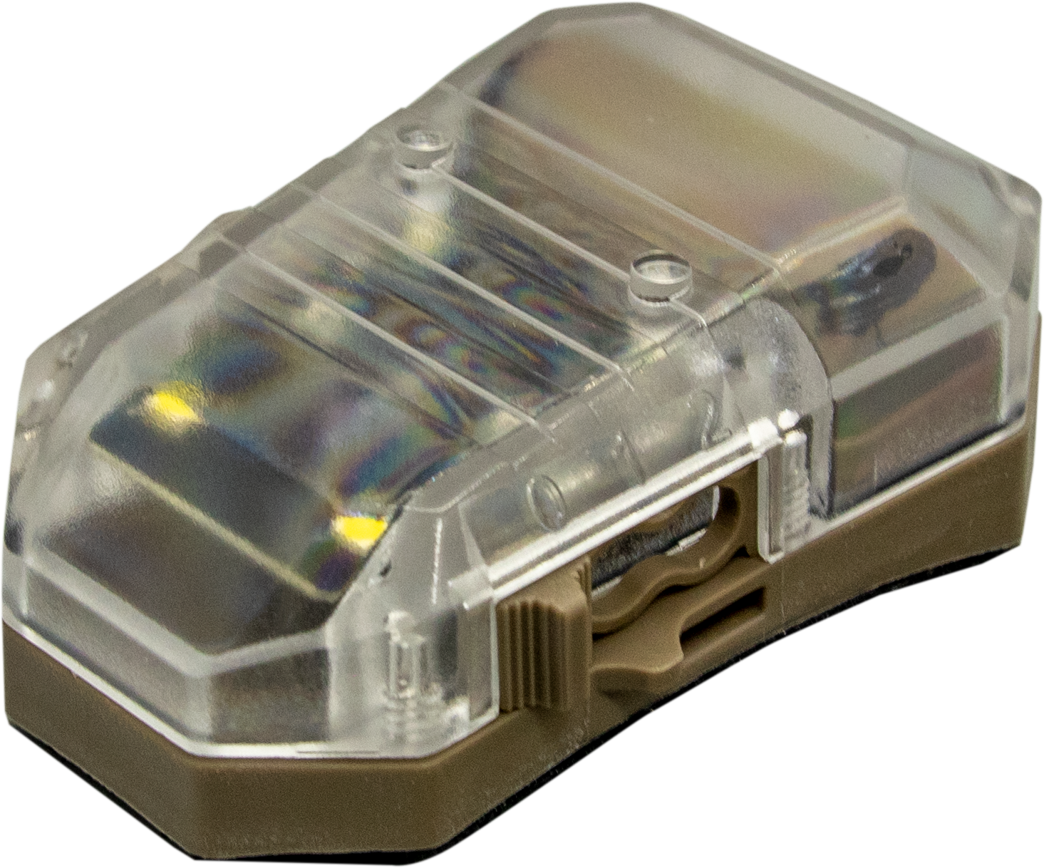 Transparentes Airsoft-Blinklicht mit braunem Gehäuse und Regenbogenreflexionen. Ideal für taktische Spiele.
