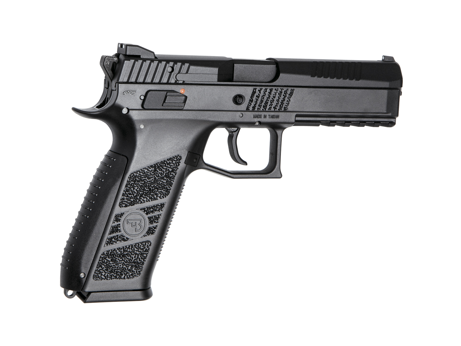 Schwarze Airsoft-Pistole, rechte Seitenansicht, mit strukturiertem Griff und taktischen Details.