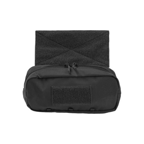 Schwarze Airsoft-Tasche mit Reißverschluss und Klettfläche, ideal für Zubehör.
