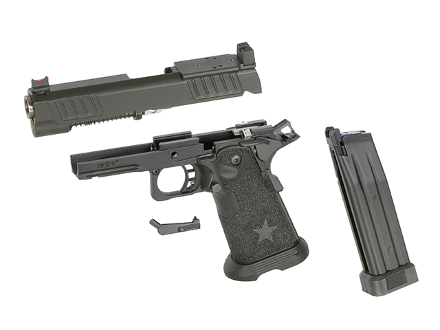 Zerlegte Airsoft-Pistole mit Schlitten, Griffstück und Magazin, schwarz, Stern auf dem Griff.