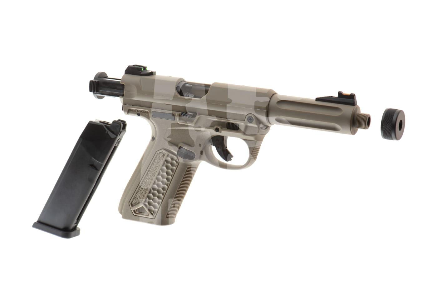 Action Army AAP01 GBB Semi Auto - ab 18 Jahren Tarnfarbene Airsoft-Pistole mit abnehmbarem Magazin und Schalldämpfer.