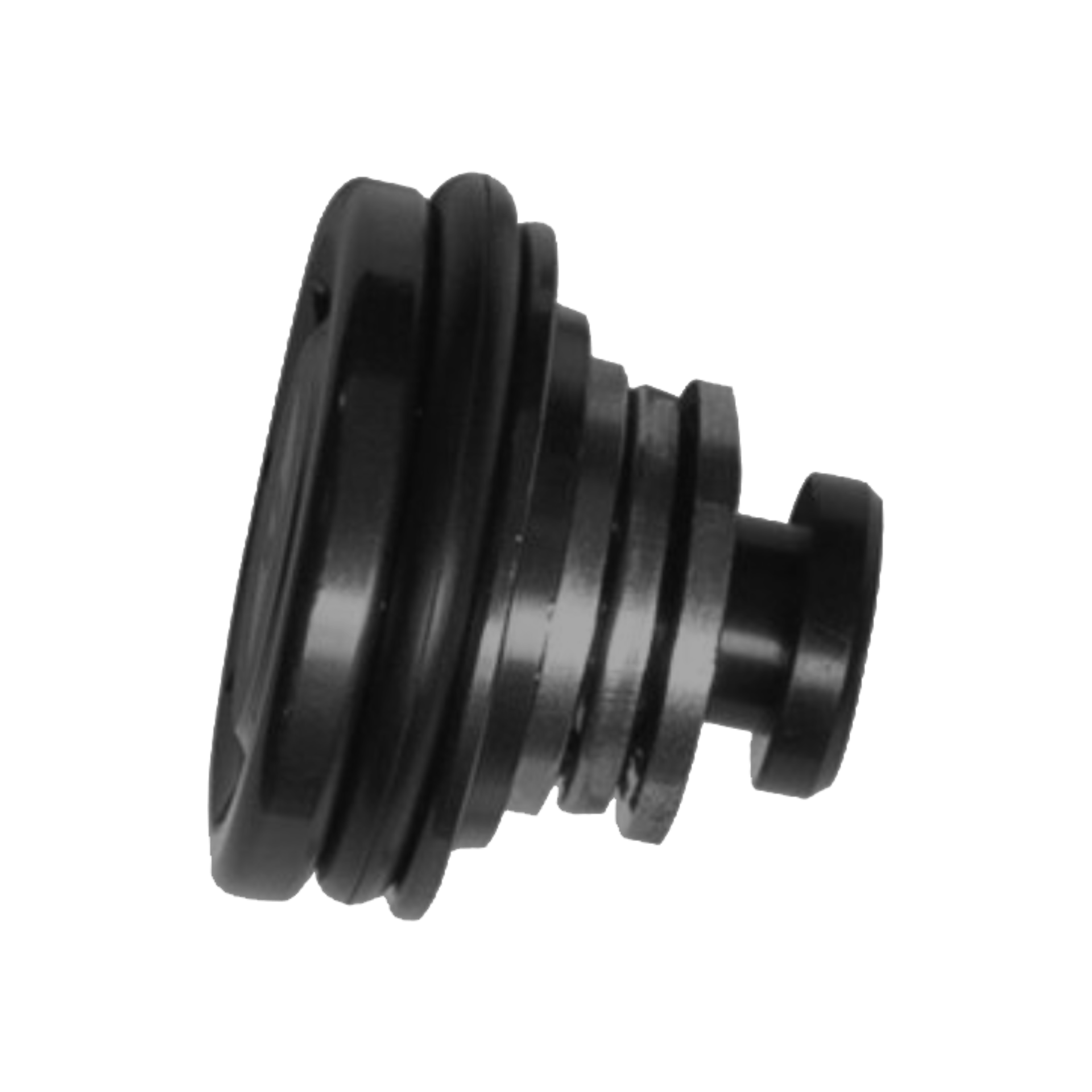 Schwarzer Airsoft-Hybrid-Pistonhead mit mehreren Dichtungsringen für verbesserte Leistung.