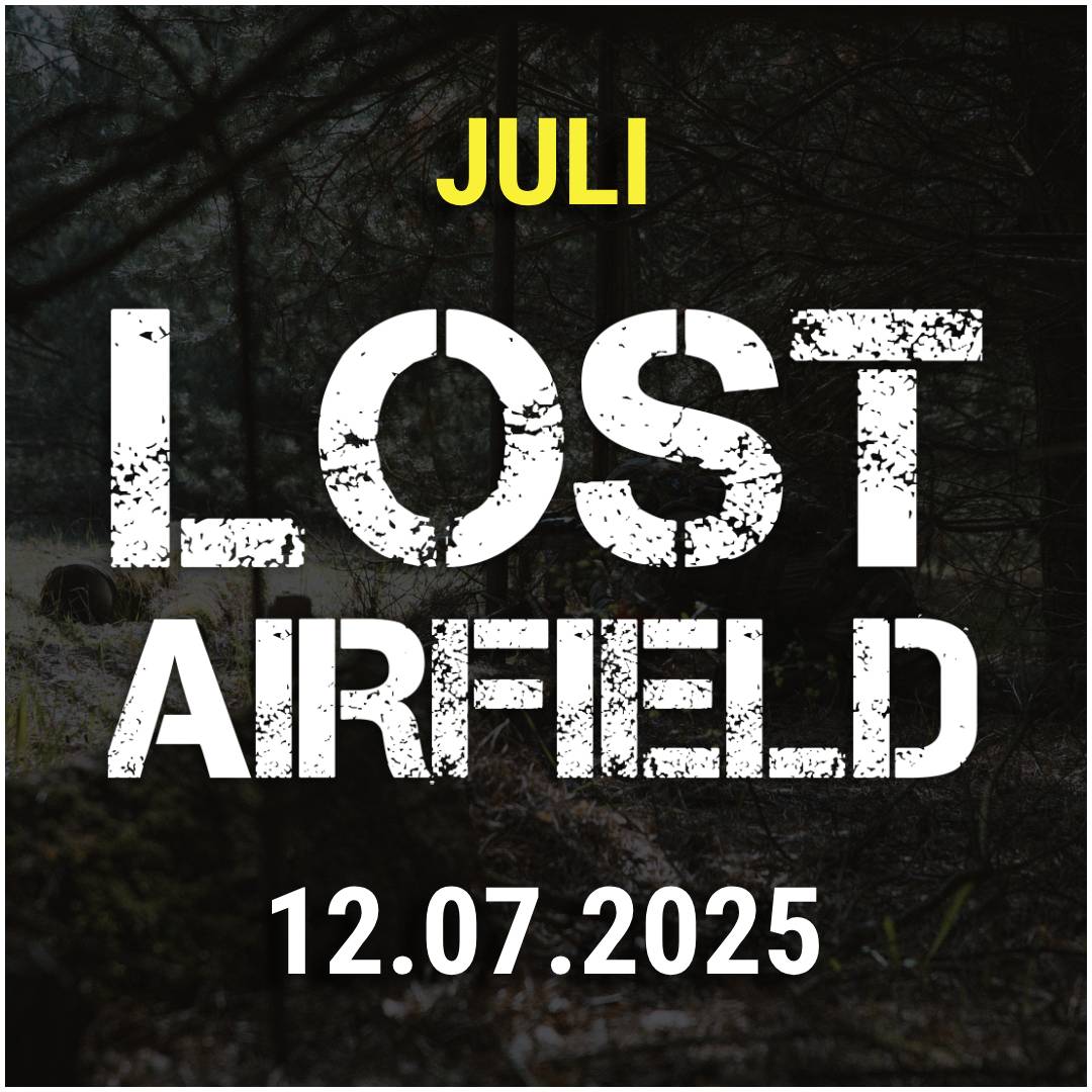 Eventposter "Lost Airfield" im Juli, Datum: 12.07.2025, vor Waldhintergrund.