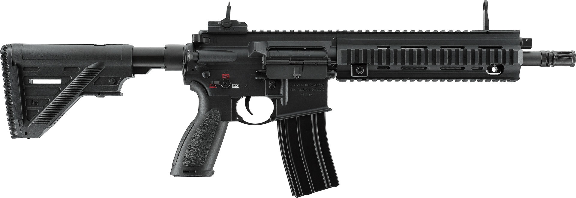 Schwarzes Airsoft-Gewehr mit einstellbarer Schulterstütze und taktischer Schiene, Seitenansicht.