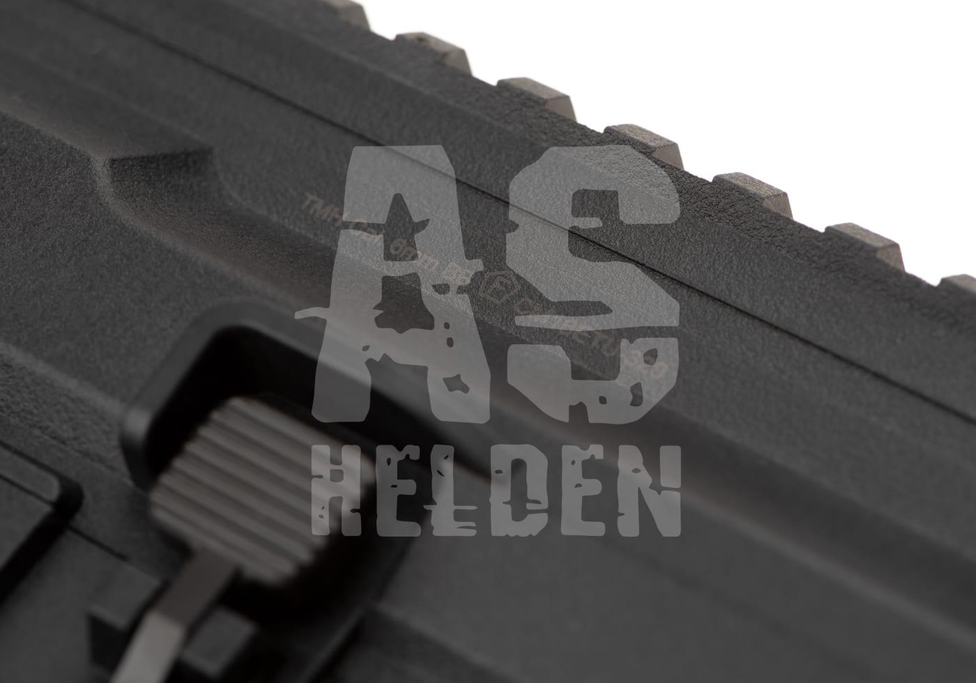 Airsoft-Schiene in Nahaufnahme mit erhabenem AS-Helden-Logo auf schwarzer Oberfläche.