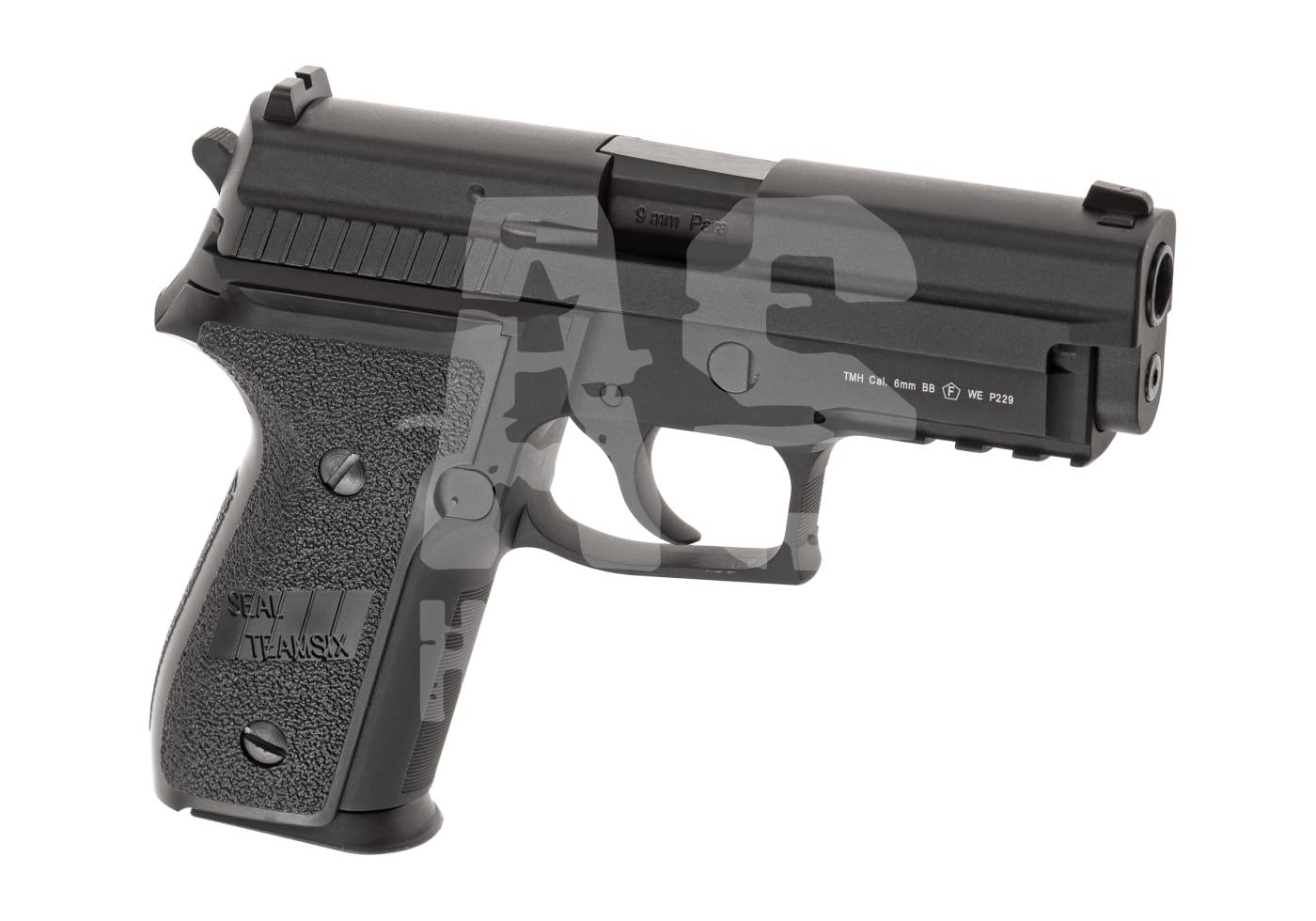 Schwarze Airsoft-Pistole WE P229, 6mm BB, robustes Design. Ideal für Airsoft-Spiele und Simulationen.