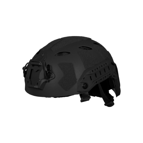 Schwarzer Airsoft-Helm mit Befestigungsschienen und Polsterung, seitliches Profil.