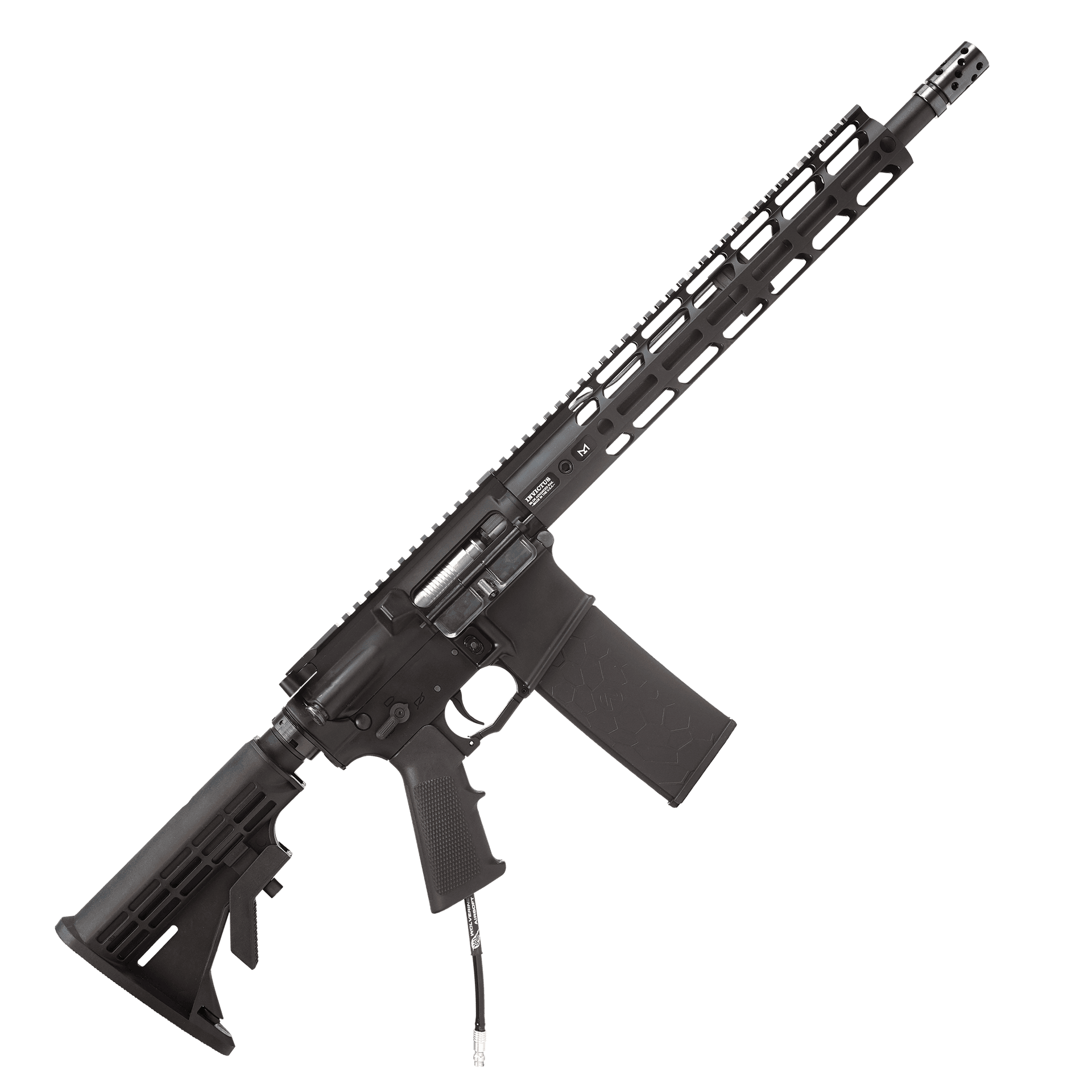 Airsoft-Gewehr mit M-LOK-Schiene, verstellbarem Schaft und taktischem Design in Schwarz.