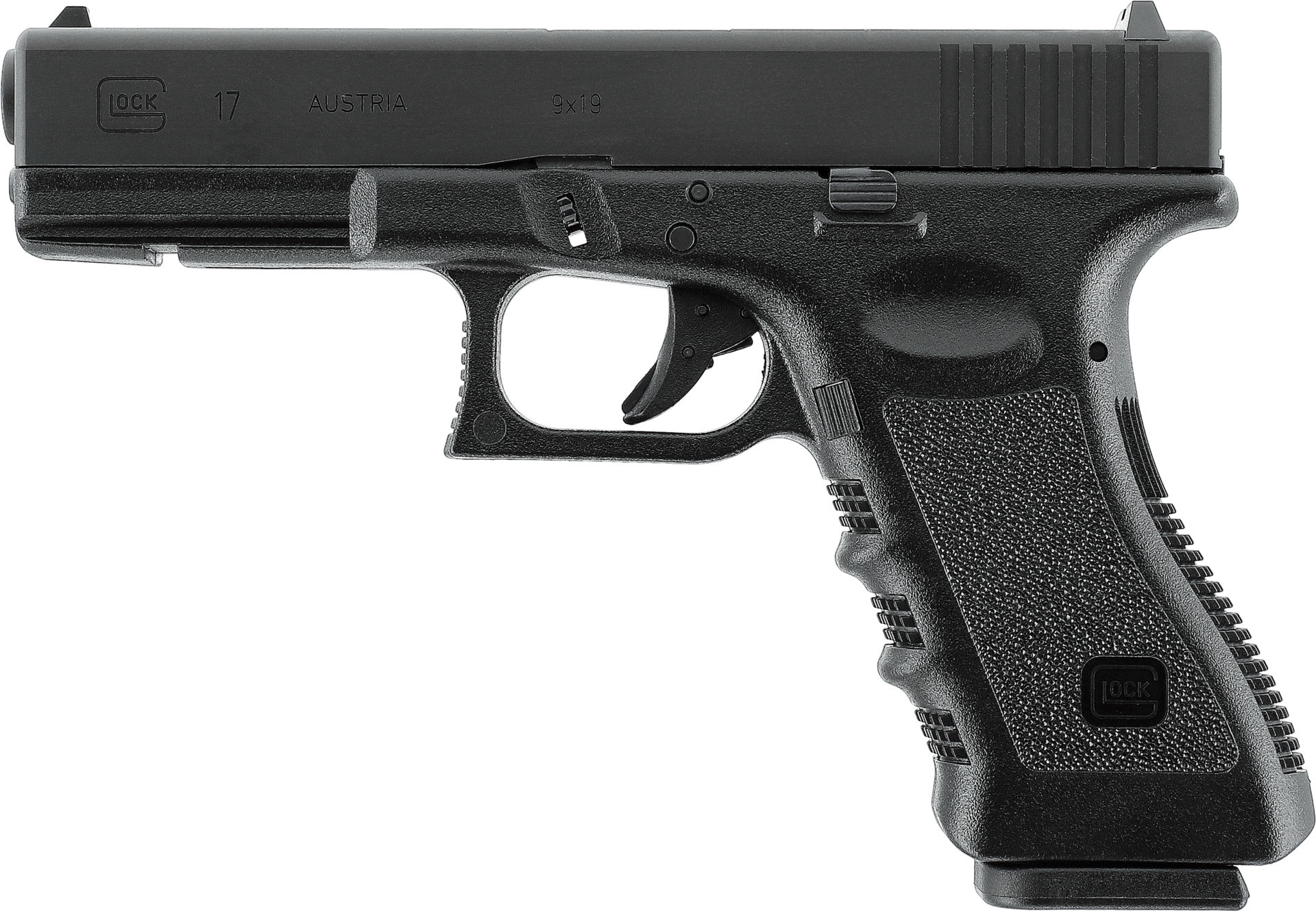 Schwarze Airsoft-Pistole im Profil, detailgetreue Darstellung mit strukturiertem Griff und Abzug.