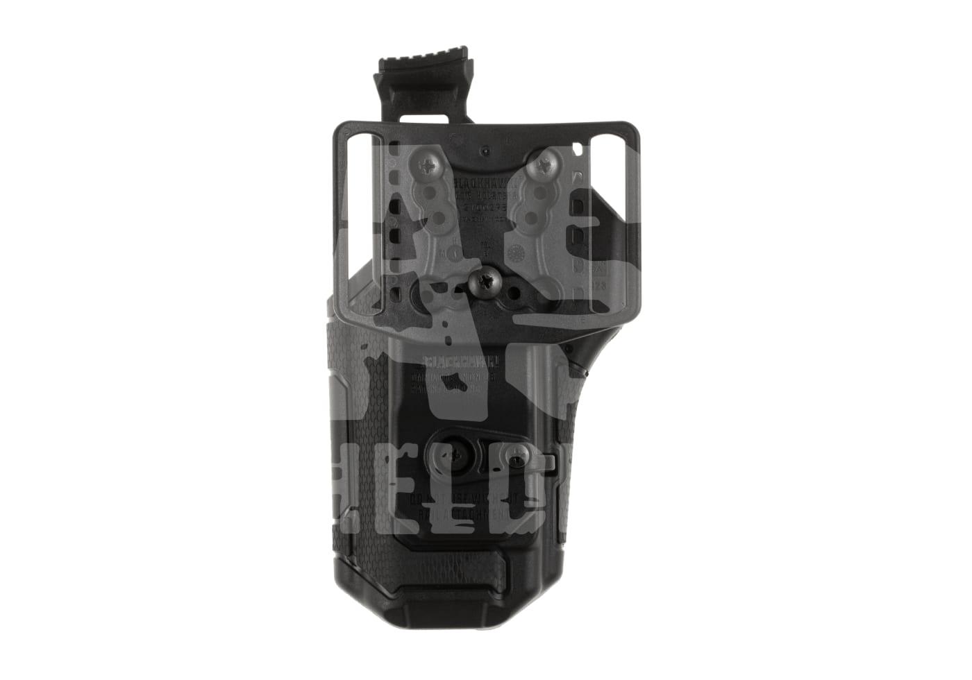 Schwarzes Holster für Airsoft-Waffen mit Gürtelhalterung, strukturierte Oberfläche.