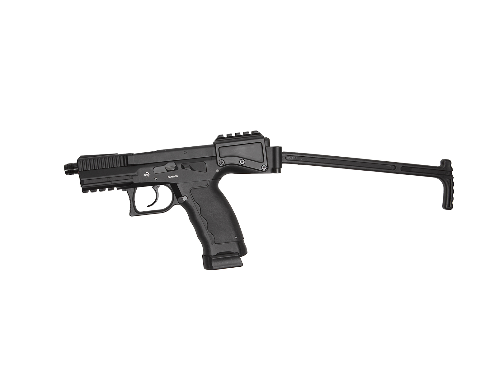 ASG B&T USW A1 black GBB CO² - ab 18 Jahren Schwarze Airsoft-Pistole mit ausgeklapptem Schaft, seitliche Ansicht, modernes Design.