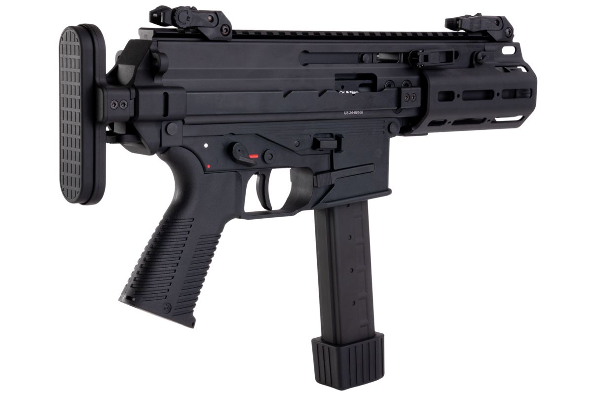 Schwarze Airsoft-MP5 mit Klappschaft und langem Magazin, seitliche Ansicht.