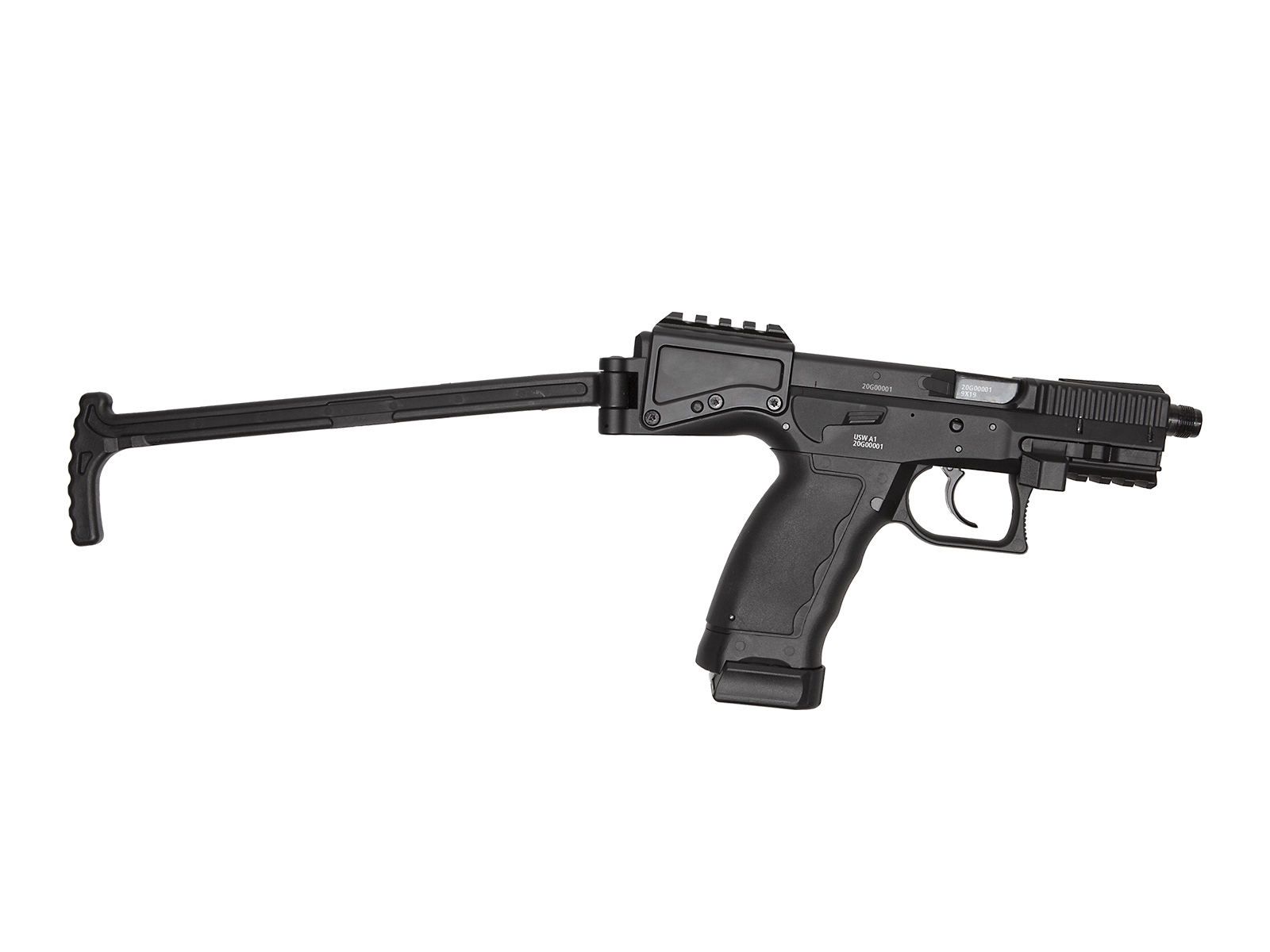 ASG B&T USW A1 black GBB CO² - ab 18 Jahren Schwarze Airsoft-Pistole mit klappbarem Schaft und Picatinny-Schiene, seitlich dargestellt.