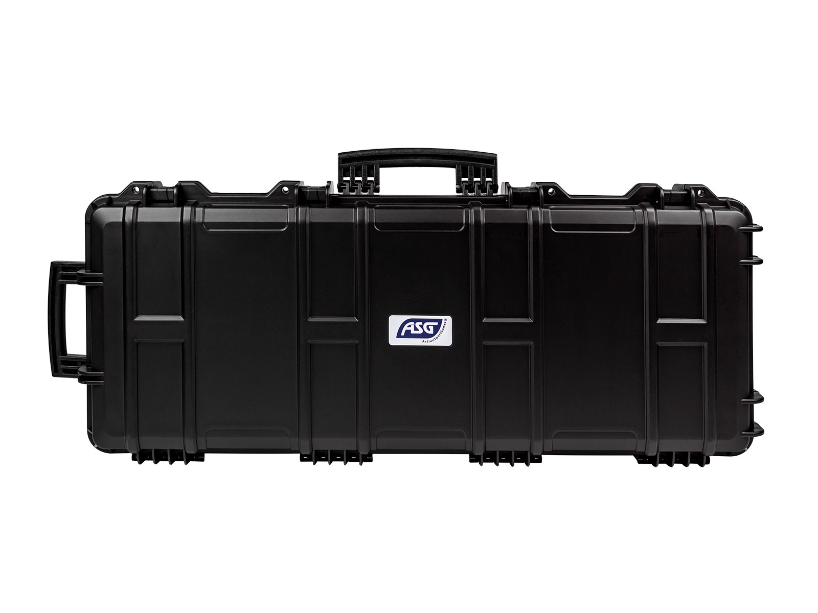 Schwarzes ASG Gewehr-Transportkoffer mit robustem Design und Tragegriffen.