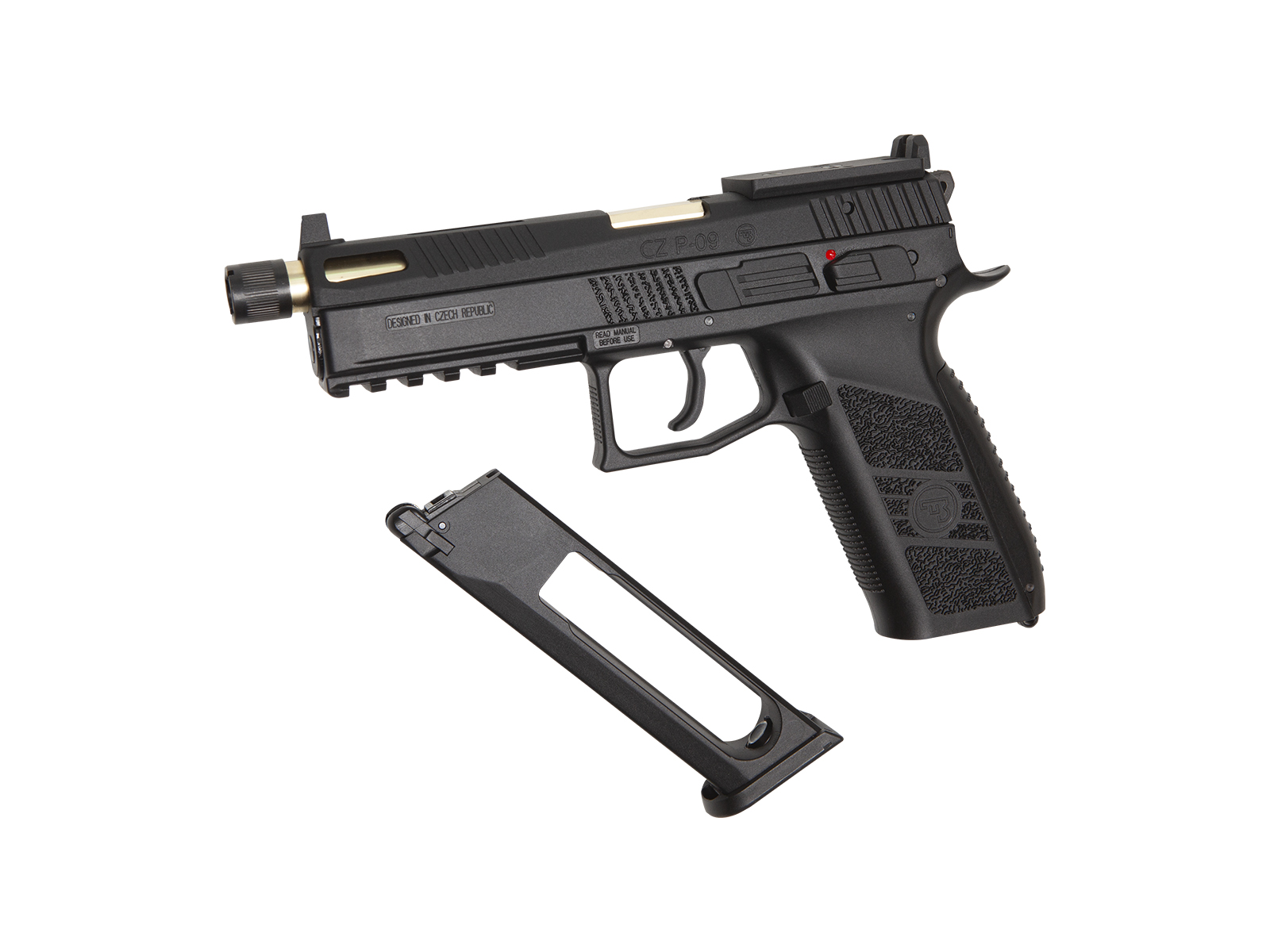 Airsoft-Pistole mit herausgenommenem Magazin, schwarzer Griff und taktischen Details.