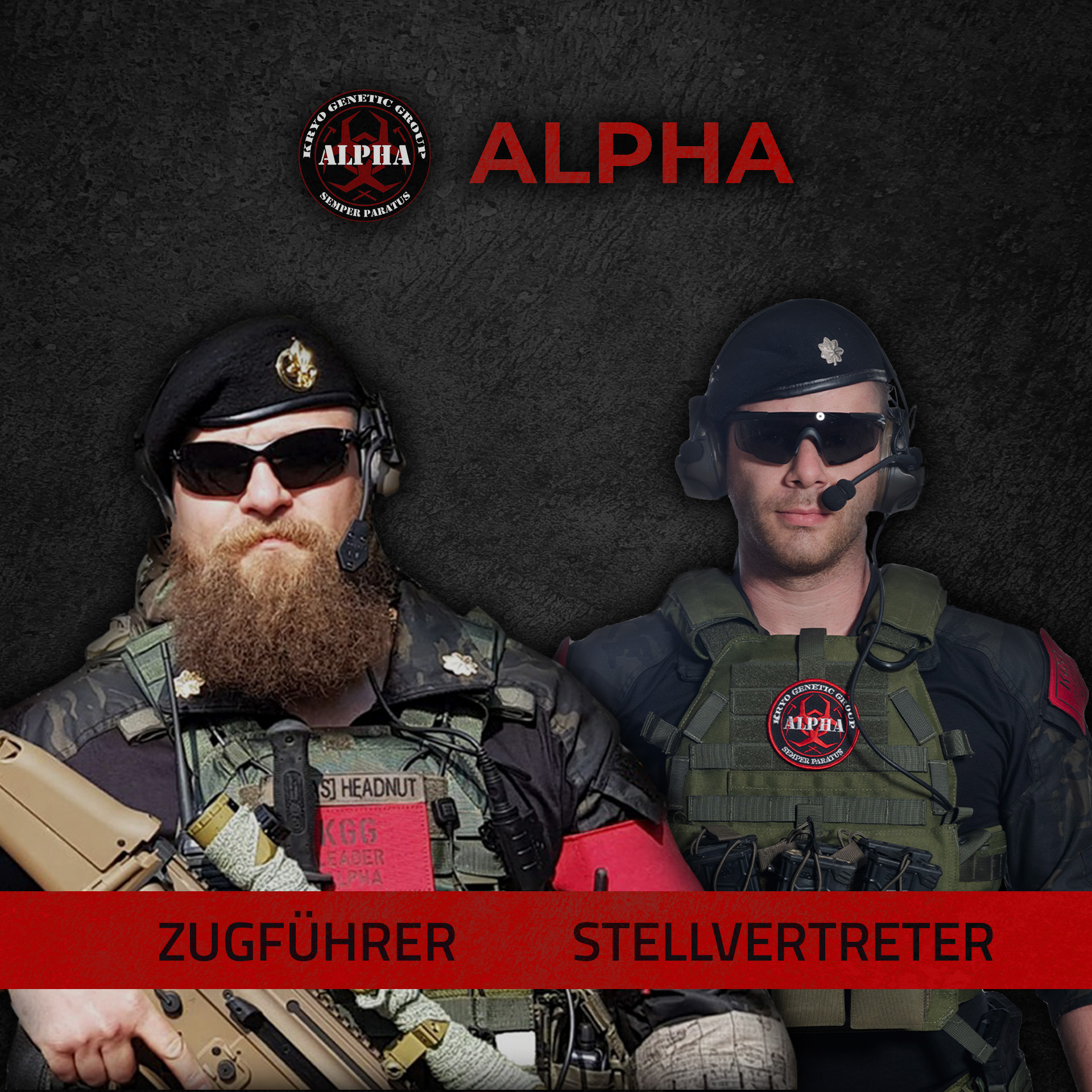 Zwei Airsoft-Spieler in taktischer Ausrüstung mit Headsets, beschriftet als "Zugführer" und "Stellvertreter", und ALPHA-Logo.