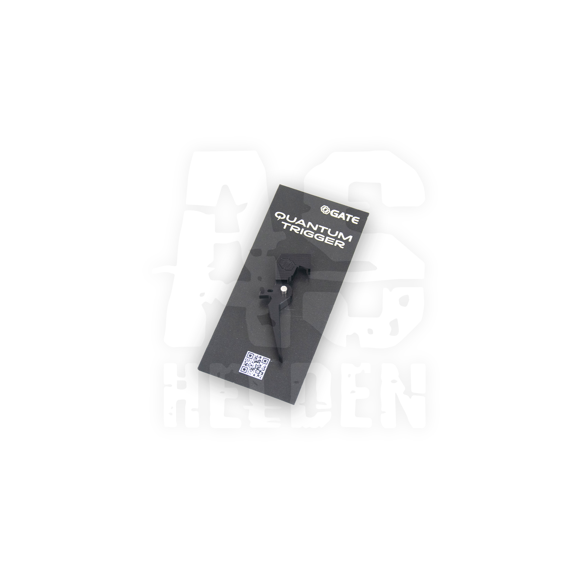 GATE Quantum Trigger Verpackung für Airsoft, schwarzes Design mit QR-Code.