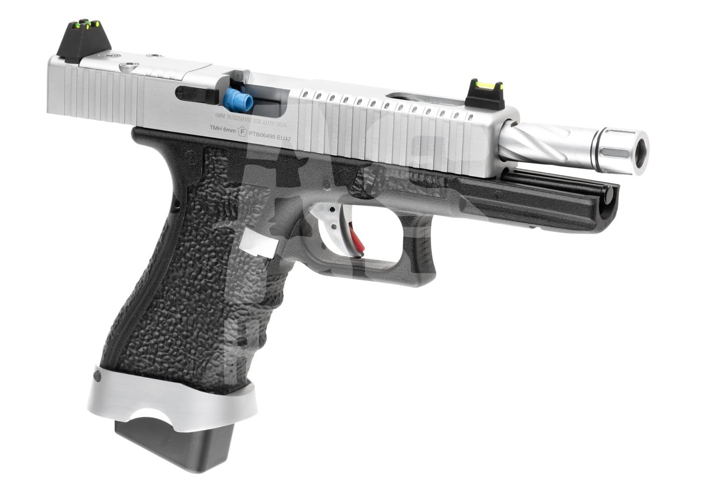 Vorsk EU17 GBB - ab 18 Jahren Airsoft-Pistole mit schwarzem Griff und silbernem Schlitten, sichtbarer Innenmechanismus und Zielvorrichtungen.