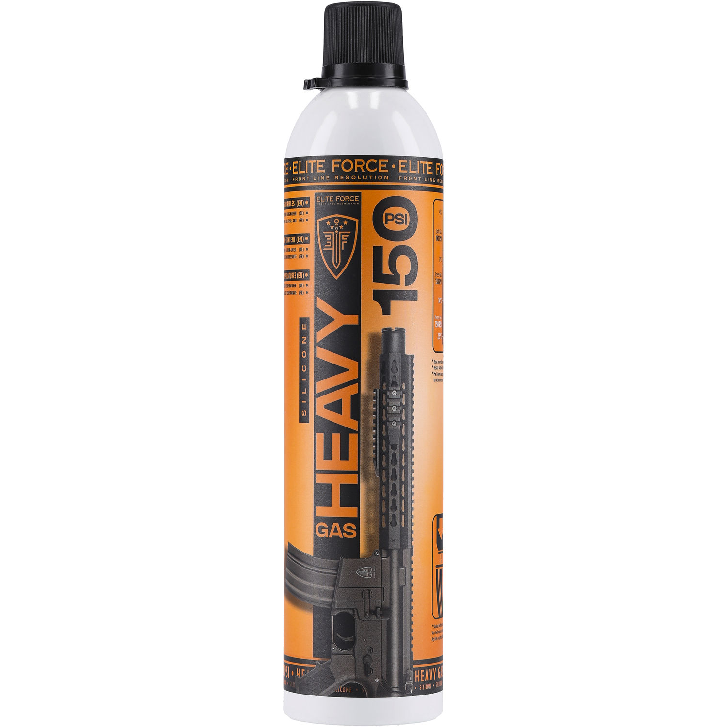 Elite Force Heavy Gas 150 PSI Flasche für Airsoft-Waffen, orange-schwarz designiert mit Sicherheitskappe.