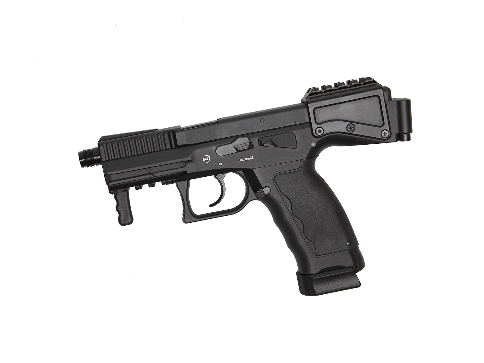 Schwarze Airsoft-Pistole mit ergonomischem Griff und montierter Schiene, Seitenansicht.