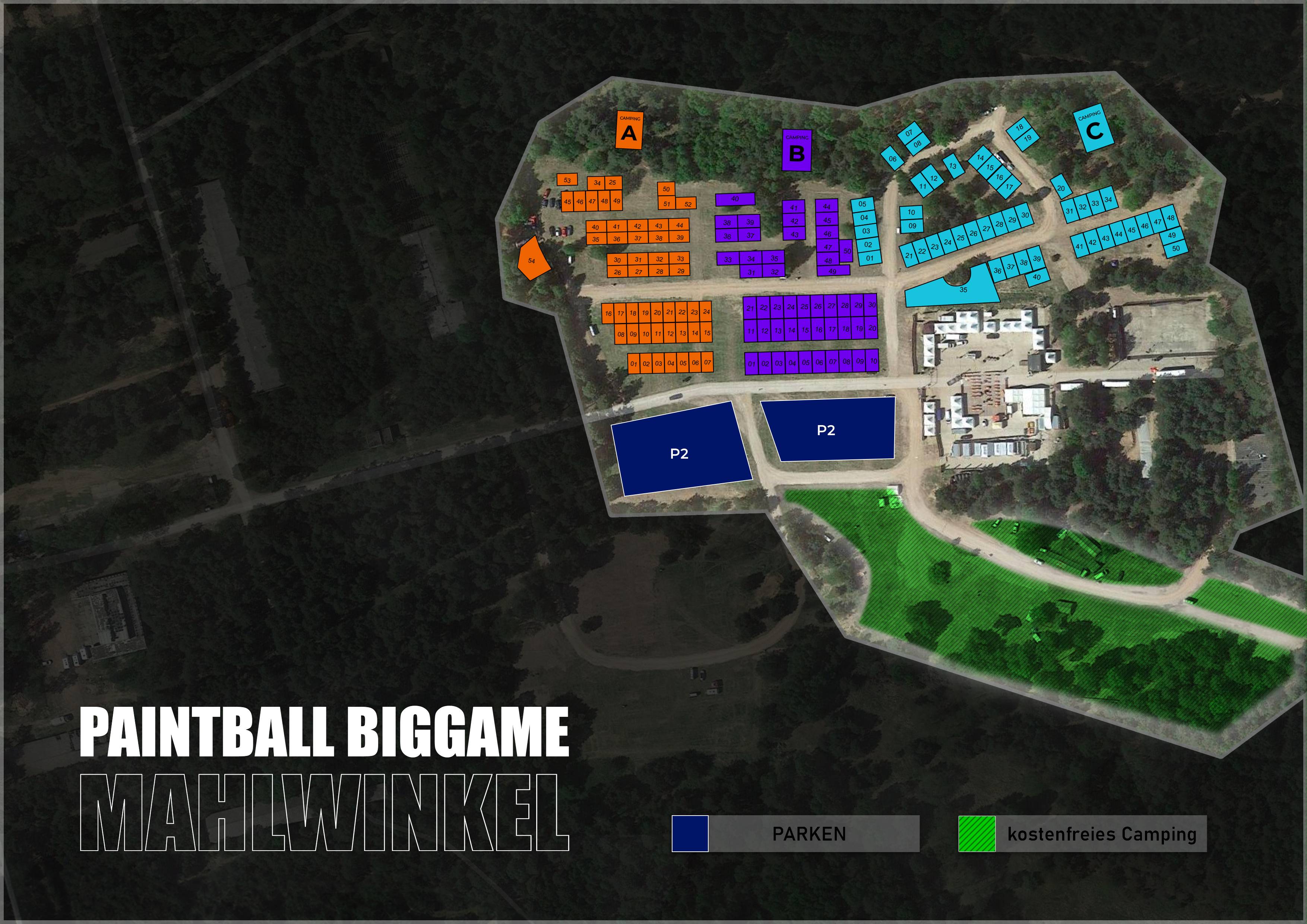 Lageplan des Paintball Big Game in Mahlwinkel mit Parkplätzen und Campingflächen, farblich markiert.