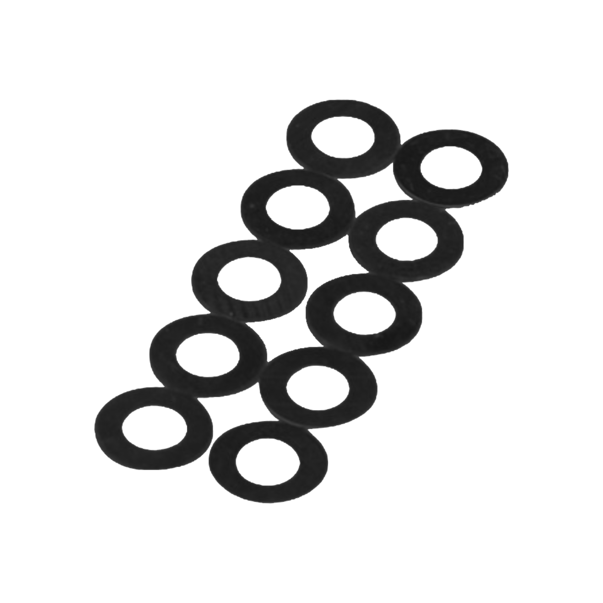Zehn schwarze O-Ringe in einer diagonalen Serie auf schwarzem Hintergrund.