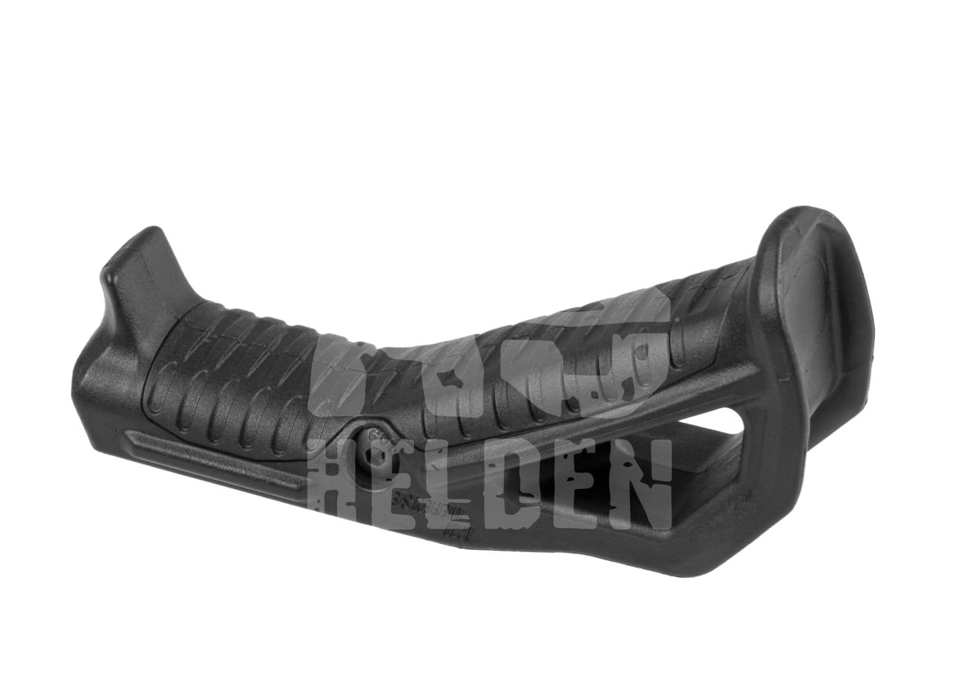 Schwarzer Airsoft-Handgriff mit ergonomischem Design und geriffelter Oberfläche.