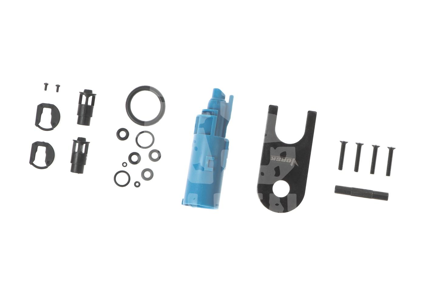 Vorsk EU17 GBB - ab 18 Jahren Airsoft-Hop-Up-Kit mit blauen und schwarzen Teilen, Schrauben und O-Ringen für präzise Anpassung.