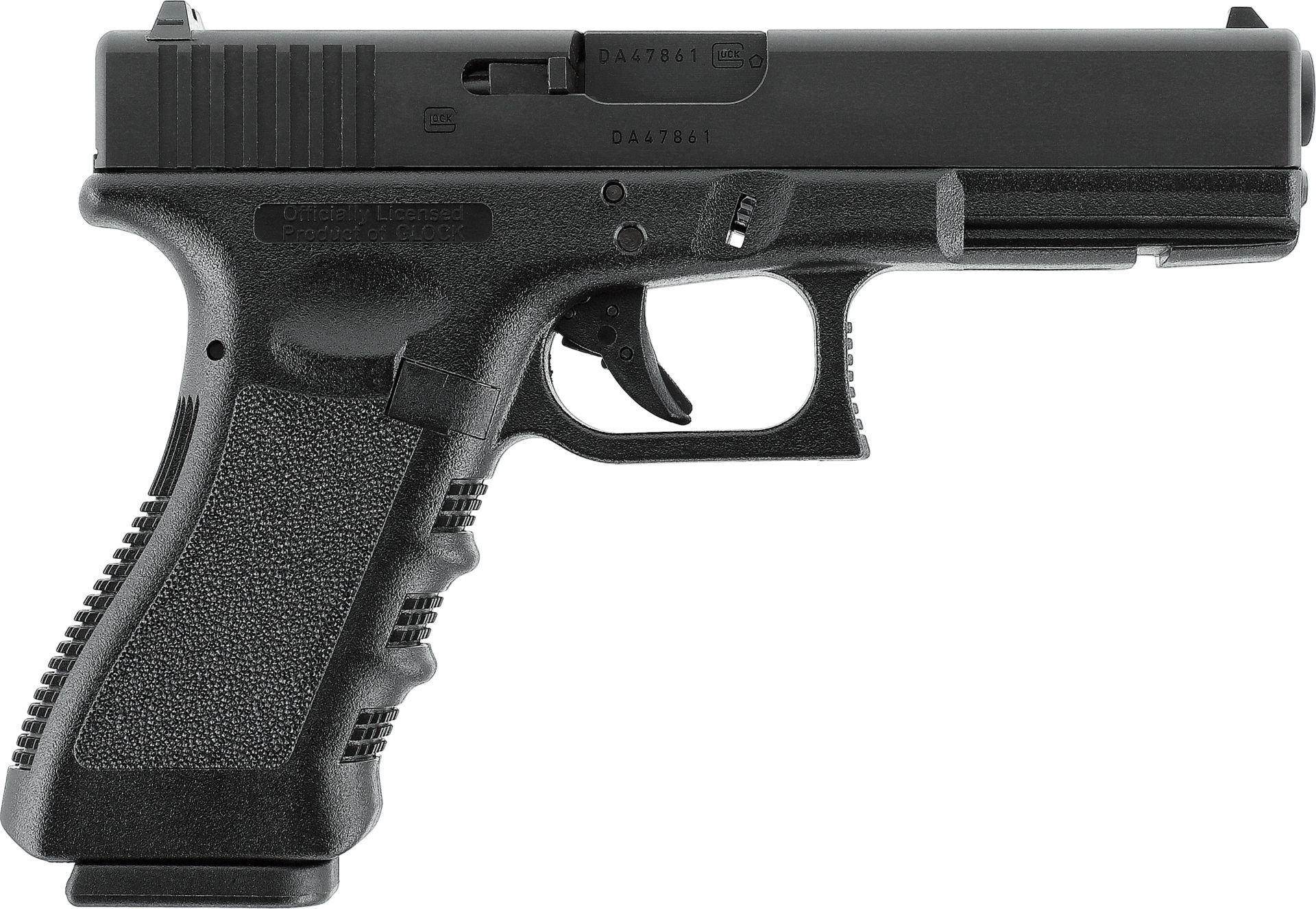 Schwarze Airsoft-Pistole im Glock-Stil, seitliche Ansicht, detaillierte Griffflächenstruktur.