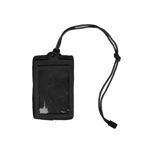 Schwarzes ID-Ausweishüllen mit Kordel, transparentes Sichtfenster.